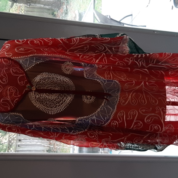 100% Silk Red and Green Sheer Kaftan Dress - Picture 5 of 8